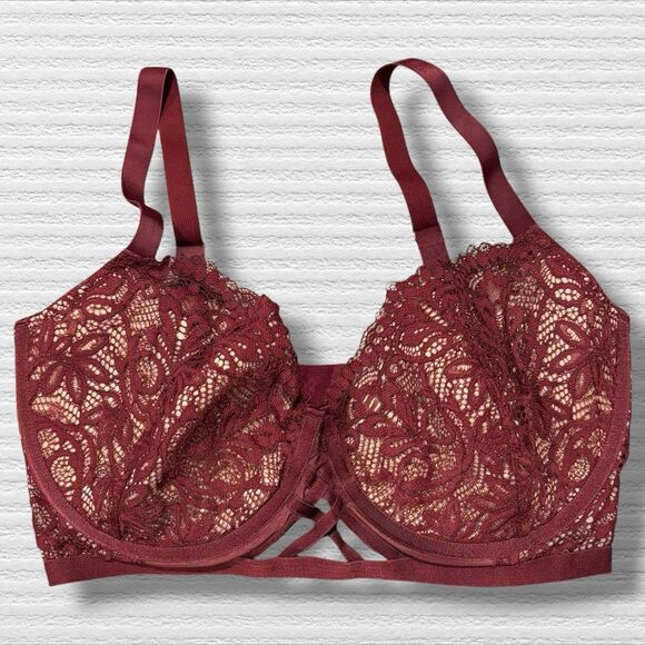 Adore Me Burgundy Lace Underwire Bra 36H Full Coverage Floral Sheer - Picture 1 of 6